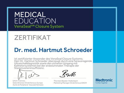 Zertifikat von Medtronic für Dr. Hartmut Schröder als zertifizierter Anwender des VenaSeal Closure Systems, ausgezeichnet für exzellente Ultraschalldiagnostik und sicheren Umgang mit Kathetersystemen bei der endoluminalen Therapie von Stammveneninsuffizie
